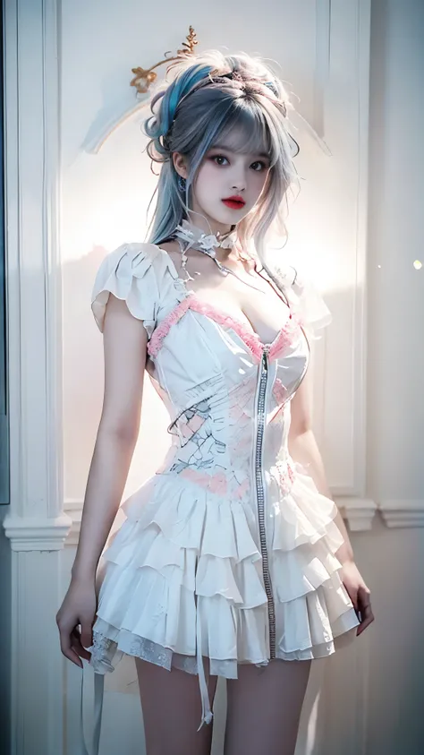 white dress ((knee shot)), (masterpiece、best quality、high resolution),((realistic)),(Colored background),(Splash of Color),Sweet girl,Light Blue和白色的长发,(Light Blue, Pink hair),curls,shiny,((Visible cleavage)), ((I-type Valley)), ((E-cup)), Red and pink lips...