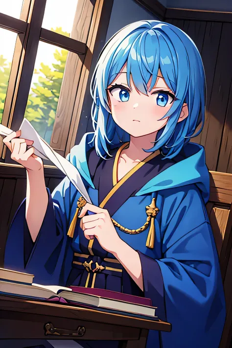 best quality a guy with blue hair wearing a blue and black robe