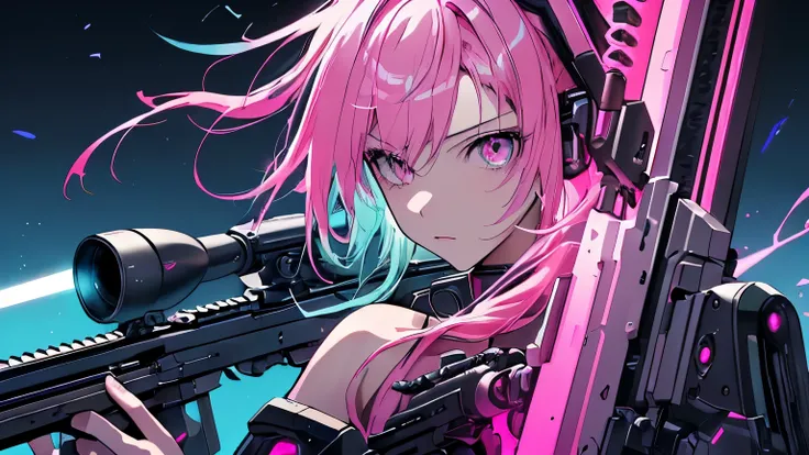 (masterpiece), Highest quality, Ultra-high resolution,hatsune miku, Vocaloid, beautiful, Detailed face, Pink Hair, Pink Eyes, Pink Art, colorful, bright, whole body、fight、strong、gun、(Confident expression:1.3)、battlefield、Armament、Cyberpunk Girl, (Gripping ...