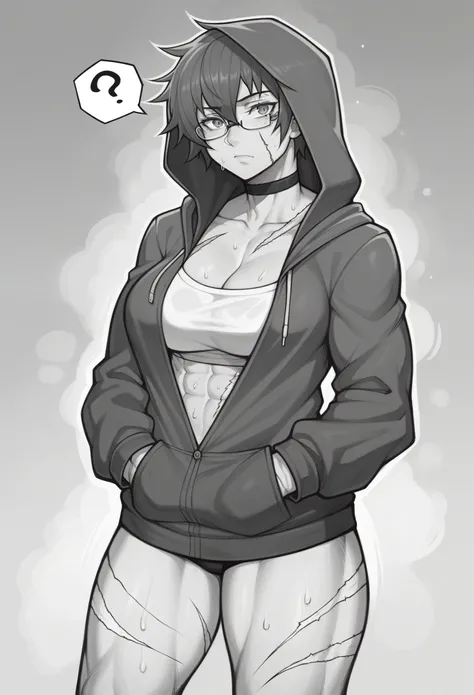 _asura style, 1girl, greyscale, monochrome, maki zenin, short_hair, solo, scar, hands_in_pockets, hood, choker, hoodie, breasts, ?, looking_at_viewer, burn_scar, large_breasts, thighs, scar_on_leg, scar_on_face, glasses, tomboy, muscular_female, sweat, clo...