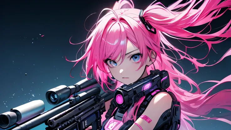 (masterpiece), Highest quality, Ultra-high resolution,hatsune miku, Vocaloid, beautiful, Detailed face, Pink Hair, Pink Eyes, Pink Art, colorful, bright, whole body、fight、strong、gun、(Confident expression:1.3)、battlefield、Armament、Cyberpunk Girl, (Gripping ...