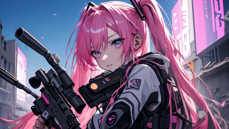 (masterpiece), Highest quality, Ultra-high resolution,hatsune miku, Vocaloid, beautiful, Detailed face, Pink Hair, Pink Eyes, Pink Art, colorful, bright, whole body、fight、strong、gun、(Confident expression:1.3)、battlefield、Armament、Cyberpunk Girl, (Gripping ...