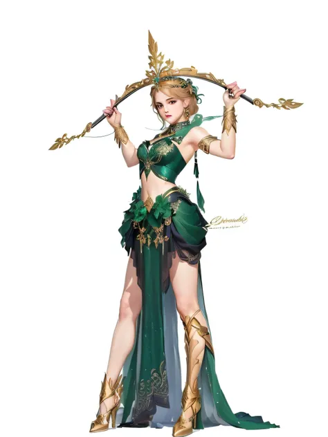 a drawing of a woman in a green dress holding a bow, emma watson as a greek goddess, the goddess artemis smirking, inspired by Du Qiong, goddess of greek mythology, beautiful full body concept art, tall thin beautiful goddess, greek goddess, also known as ...