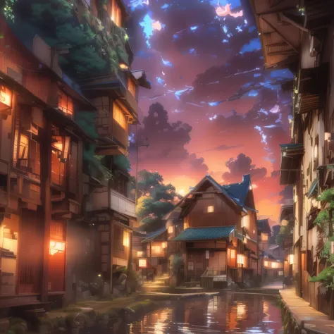 There is a small river flowing through a small town, A Japanese town, Detailed scenery —width 672, Anime style cityscape, Anime Background art, HD anime city landscape, beautiful Anime Landscape, Real photos of the town, Anime style 4k, Anime Landscape, Be...