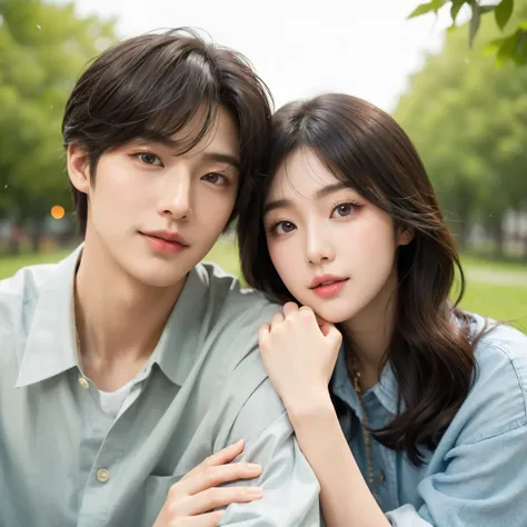 Modern. Korean style. Elegant couple, handsome boy and beautiful girl. Dark hair color. Very deatiled face. pretty eyes (perfect eyes). 8K resolution. Masterpiece. Romantic, love, glowing light. Petals. Smile, Korean Style, staring at each other