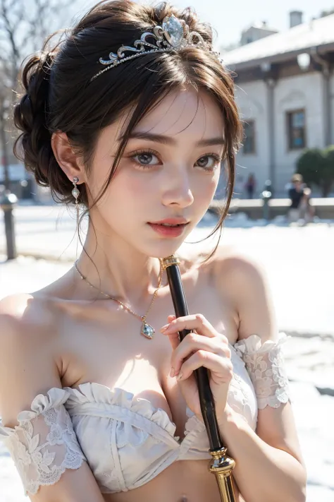 A cute girl with peanut earrings and a Cinderella tiara holding a magic wand. She wore a white topless Disney princess-like outfit with snow-white skin and exposed perky breasts. The background is white. A face that makes people fall in love with you.