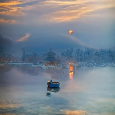 Long exposure photography，Award-winning photography，Practical，In waters with boats，Sunset, ，stunning lighting, Abstract， Claude Monet，Abstract，photography，high quality，blue，orange，Sunset，Beautiful scenery，photo，photoPractical，RAW，International Gold Award，N...