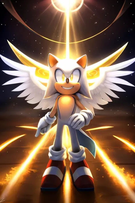 white sonic with heavenly white eyes with yellow iris, heavenly smile, halo made out of light, and white wings