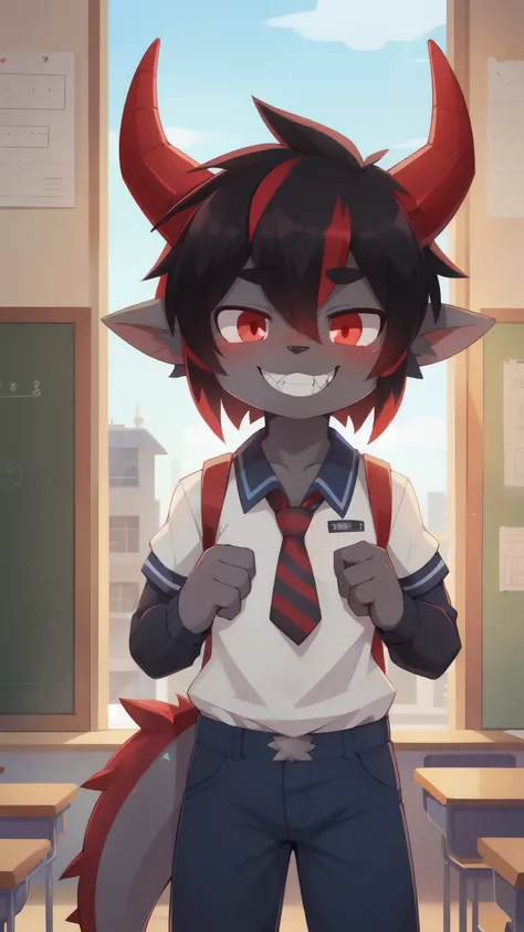 score_9,score_8_up,score_7_up, source_cartoon, source_furry, dragon boy, horns, glowing red eyes, tail, multicolored hair, black hair, red hair, spiky hair, furry, blush, dragon tail, looking at viewer, smile, 1boy, dragon horns, pointy ears, emo hairstyle...