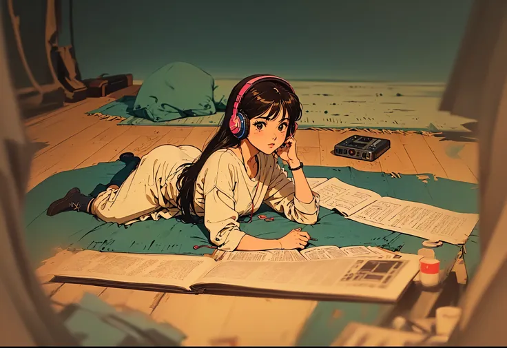 Anime girl lying on the floor with headphones on and reading a book, Lo-fi Girl, Anime atmosphere, Retro Anime Girls, 80年代のAnime atmosphere, Lofi Artstyle, Lo-fi Girl aesthetic, Lofi Art, Anime Aesthetics, Retro Anime Images, Cool vibes, Lo-fi feeling, Coo...