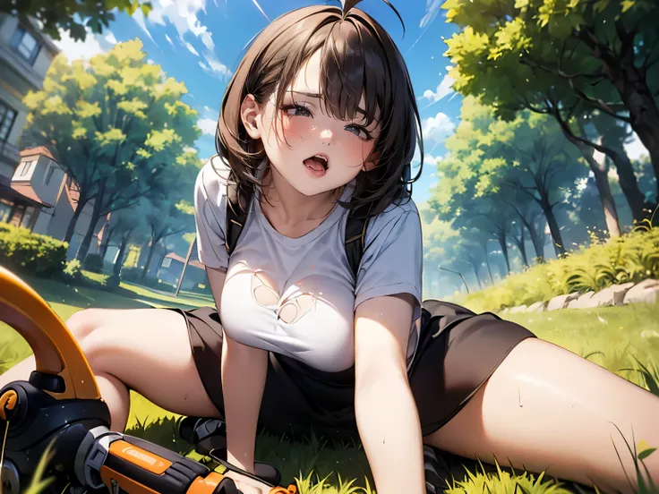 (((round face))), drooping eyes, shame, a young housewife, (ecstasy face, lewd girl, casual clothes, long-skirt), (((straddling to hit her crotch area from over clothes against a vibrating grass trimmer handle, tongue))), in the garden, trees, sky, angle f...