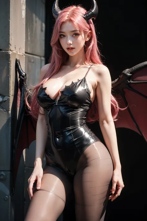 Perfect anatomy, super detailed, (1 girl),  (long pink hair, shiny hair), (shiny skin), devil horns, (big bat wings), {tights}, { See-through}, fashion pose, pole dance,  showing breasts