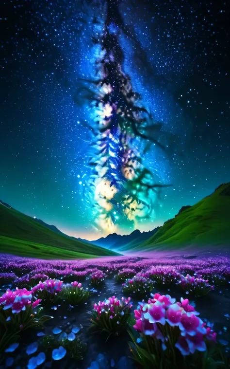 Crystal Spring Blossom,
Fantasy, Milky Way, transparent, 
Sparkling, Sparkling, wonderful, colorful, 
Magical Pictures, Dramatic lighting, Photographic realism, Super detailed, 4K, Depth of written boundary, High resolution