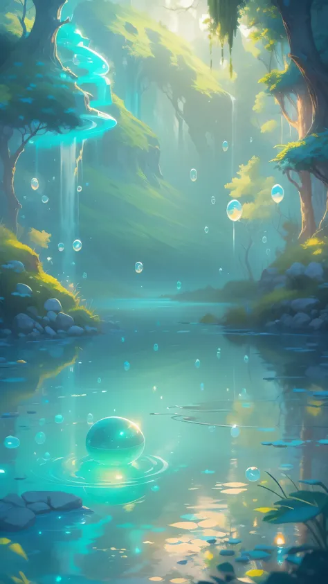 Distant view of the lake,Super cute slime,Reflects light,Colorful bubbles,Magical Lake,Super detailed,Highest quality,Soft lighting, Fantasy Style, Vibrant colors