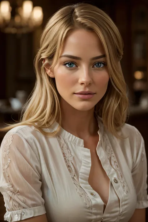 Breathtaking cinematic photo of a 30 year old girl with cheveux blond and yeux marrons, heureux, expression joyeuse, closed mouth, beau lips, Intricate details, faible profondeur de champ, very detailed, high budget, epic Hollywood movie, magnifique, chef-...