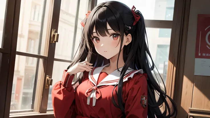 A beautiful girl wearing a red sailor suit with lots of frills and lace　Long sleeve　Long black hair with hair ornament　Upper Body