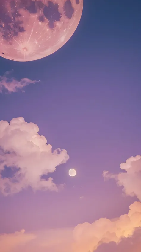 Pale pink-yellow clouds，Floating in the pale purple sky，The pale yellow full moon is big and bright in the middle of the sky