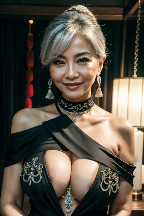  Off Shoulder 75 years old　mom　milf　Chinese Lady　large earring　Big choker　navel piercing decoration　A bracelet　Silver Hair　realisitic　Gorgeous Madame Beautiful Mature Woman　sexly　Smile　Gentle woman navel piercing　４K　High quality 　illumination　gravure　Gorge...