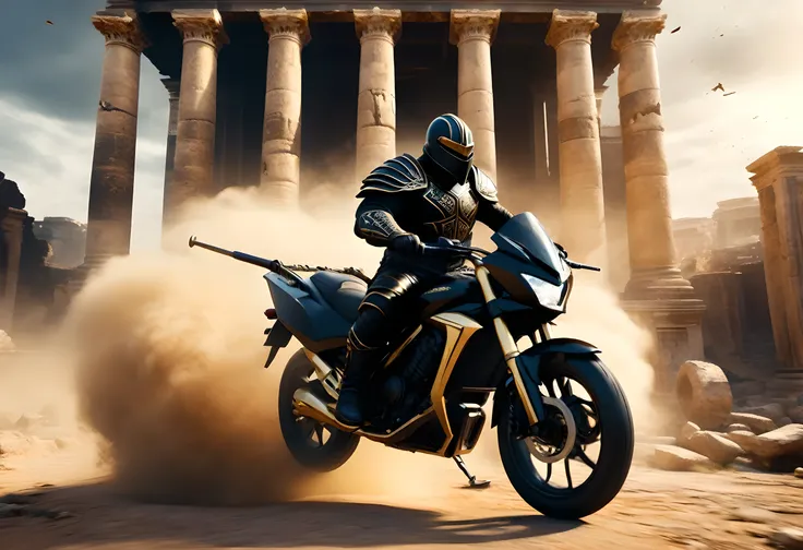 octane render style, close up view, roman gladiator with a large black scythe, in futuristic sleek black heavy armor and cape, riding on a black and gold lion shaped suzuki power bike, through roman architecture pillar ruins, dust plumes, motion blur, rock...