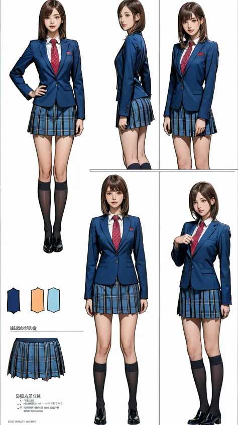 ((masterpiece)),(((Highest quality))),((Character design sheet)),細いThighs,Long legs,Girl standing in a school classroom,Red Tie Uniform,Dark Blue Blazer,Blue plaid skirt,18-year-old,bangs,A small smile,Thighs,knees,From below，Random Pause，pretty girl，Slend...