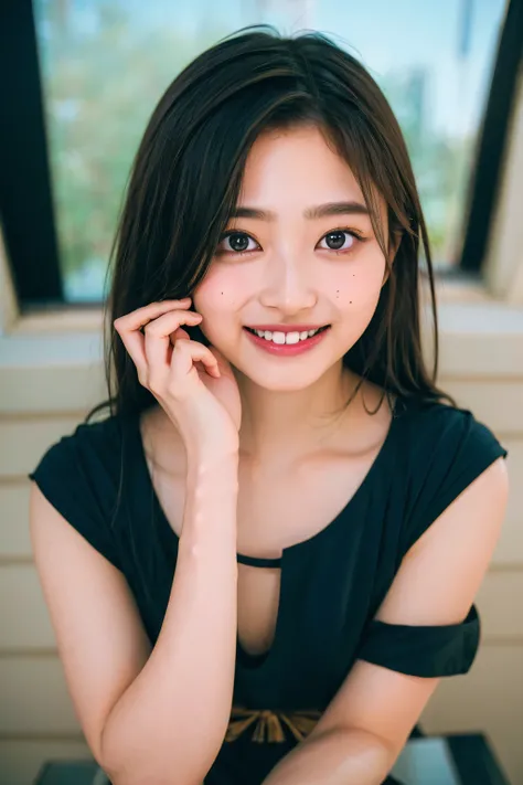 (((upper body shot))),Ultra-high resolution,big eyes,((brown eyes)),Japanese,(a girl),(1 girl),((17 years old)),(cute),pretty,((facing at viewer)),arms behind back,grin,(((black shirt)))