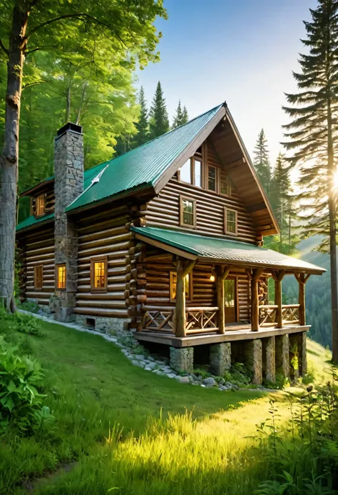 A sprawling log cabin, perched on a verdant hillside, commands a breathtaking view of the surrounding forest. The sunlight bathes the scene in a warm glow, highlighting the rustic charm of the cabin and the lush beauty of the landscape.