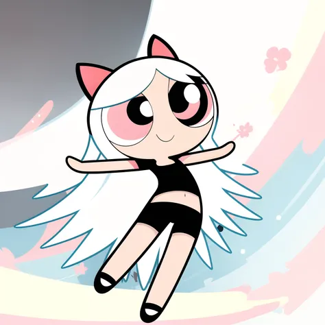 ((( white long hair,))) smile,chibi, full body,1girl, pinkish red eyes, Black short-sleeved shirt showing off your stomach, black shorts