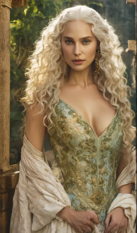 Princess Targaryen, waist-deep, gardens, looks like Daenerys|Natalie Portman, long white curly hair, pale green 16th century dress with gold patterns on fabric, open shoulders, beautiful indigo eyes, delicate face, hd