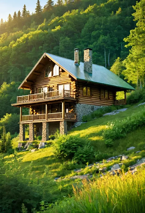 a sprawling log cabin, perched on a verdant hillside, commands a breathtaking view of the surrounding forest. the sunlight bathe...