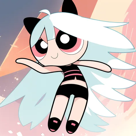 ((( white long hair,))) smile,chibi, full body,1girl, pinkish red eyes, Black short-sleeved shirt showing off your stomach, black shorts