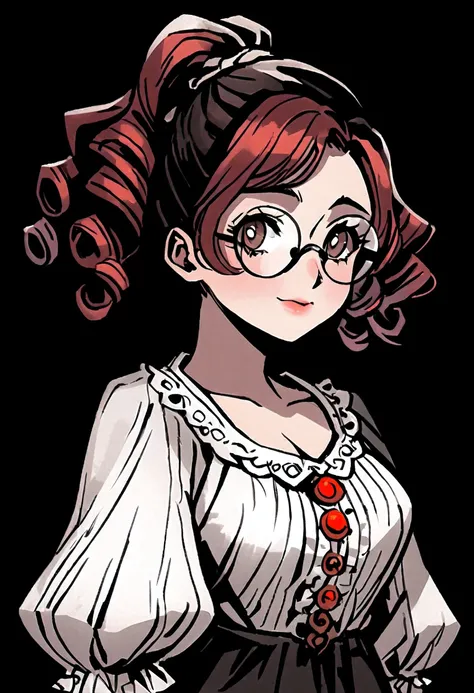 8K, ultra hd, masterpiece, (detailed), 1girl, (good face:1.4), hairstyle (color: red, length: short, curly with flowing small ringlets), face (heart-shaped, pale, dark brown eyes), glasses (wears thick-rimmed, old-fashioned glasses), background is white, j...