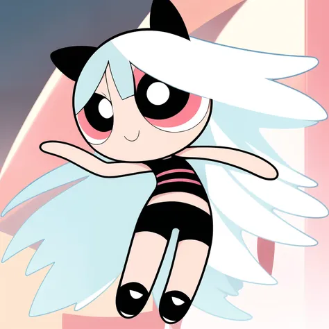 ((( white long hair,))) smile,chibi, full body,1girl, pinkish red eyes, Black short-sleeved shirt showing off your stomach, black shorts