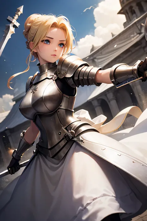 Beautiful 20 year old woman, (((blond updo))), holy knight, White Iron Armor、Swinging the Sword、battlefield