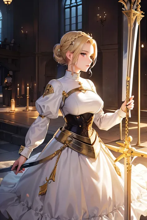 Beautiful 20 year old woman, (((blond updo))), holy knight, White Iron Armor、Swinging the Sword、battlefield