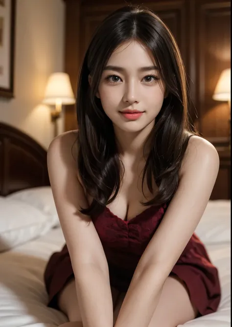 a smiling happy korean girl,1 girl, young girl,beautiful detailed eyes,beautiful detailed lips,extremely detailed eyes and face,longeyelashes,above knee length modern burgundy sweetheart dress,sleeping in hotel bedroom, lay down on bed,ultrarealistic,ultra...