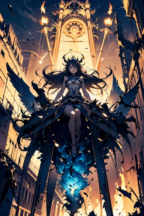 destroyed city, (100 meter tall huge goddess floating, emits light from all over the body, lost pupils, last judgment, blue flame), weapon, aerial angle from below,