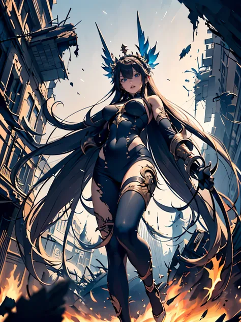 destroyed city, (100 meter tall huge goddess floating, emits light from all over the body, lost pupils, last judgment, blue flame), weapon, aerial angle from below,