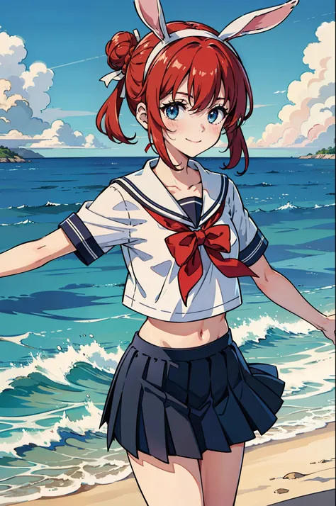 rating:safe, 1girl, navel, skirt, beach, hair_flower, solo, ocean, crop_top, hair_ornament, flower, midriff, outdoors, school_uniform, sky, pleated_skirt, blue_eyes, cloud, water, holding, looking_at_viewer, bow, bird, ribbon, sailor_collar, red_neckwear, ...