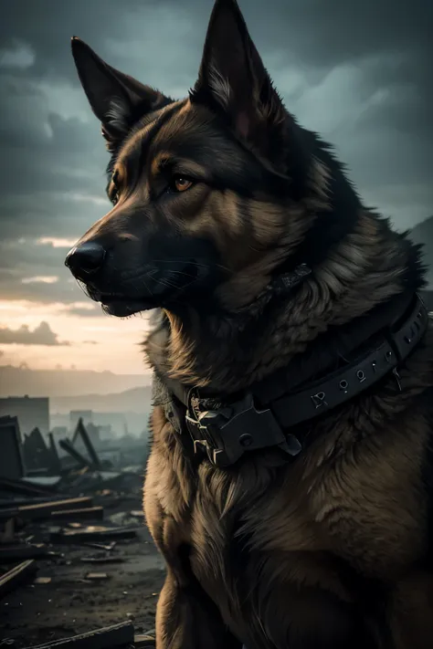 a german shepherd dog, post-apocalyptic landscape, ruined buildings, cracked ground, overcast sky, dramatic lighting, gritty atmosphere, detailed fur texture, alert expression, muscular body, (best quality,4k,8k,highres,masterpiece:1.2),ultra-detailed,(rea...