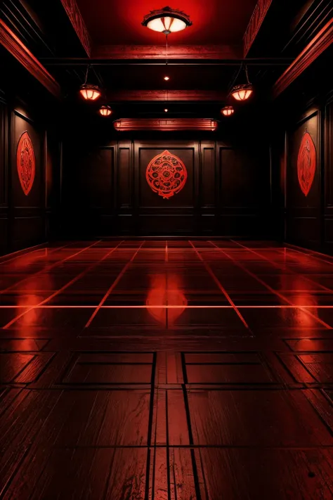 Background dominated by a deep red and black motif, intricately adorned with metal shackles, creating an atmospheric BDSM setting. The space is devoid of any human presence, characters, or individuals, maintaining an air of isolation and mystery.