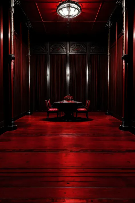 Background dominated by a deep red and black motif, intricately adorned with metal shackles, creating an atmospheric BDSM setting. The space is devoid of any human presence, characters, or individuals, maintaining an air of isolation and mystery.