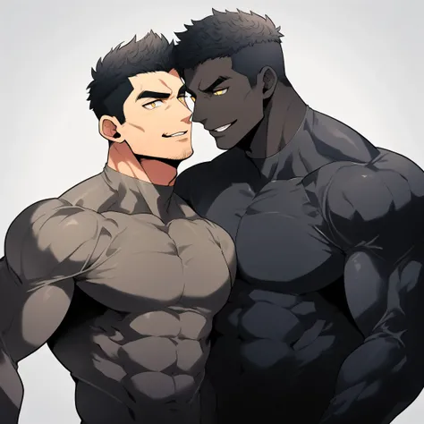 anime characters：Two superheroes in tights, Muscle superhero, negro black skin, They hugged and kissed each other, Bite your neck, Caress, Manliness, male focus, Yellow and black high collar long sleeve tight T-shirt, Slightly transparent material, Very ti...