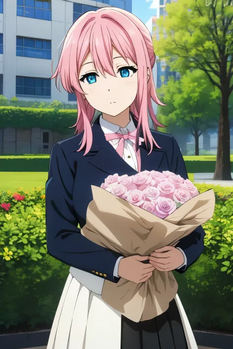 pink hair, blue eyes, tight black secretary skirt, black blazer, white formal blouse, and a bouquet of roses.