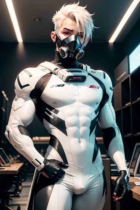 body suit, white and black suit, futuristic suit, white gloves, skin tight bodysuit, toned male, teenager, young male, face mask, bodysuit, futuristic, sci fi, toned male,gas mask, hands visible, hair visible, muscular, nipples, bulges, holding tools, mask...