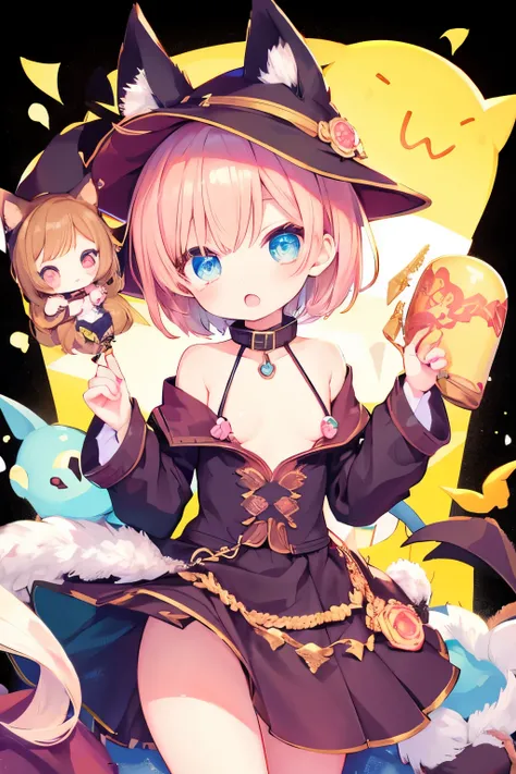 NSFW,7-year-old girl、Young、Witch、Wearing a collar、Very beautiful and Shining Eyes、Shining Eyes、1 girl、Small breasts、Big Mouth、high school girl、Small breasts、Cat ear、Transparent pink short hair、