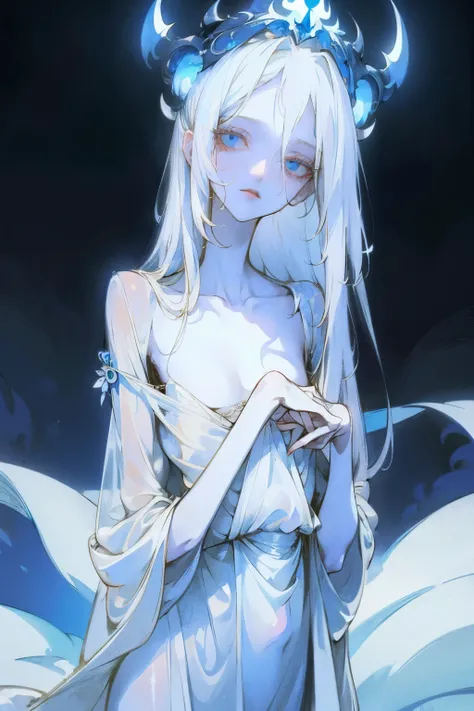 woman, detailed eyes, detailed hands, best quality, masterpiece, wearing a white nightgown, long white hair, bright blue eyes, glowing eyes, very skinny, small bust, prominent collarbones, dreamy vibe