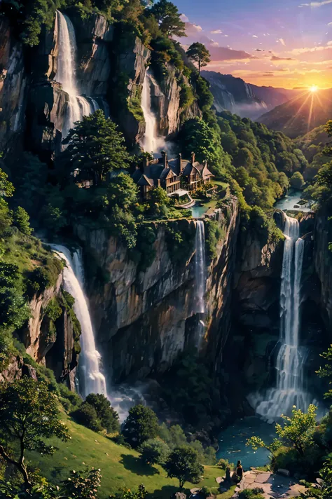 House on a cliff near a waterfall, double decker, personal garden, beautiful view from the side, sunset, huge forest near the waterfall.