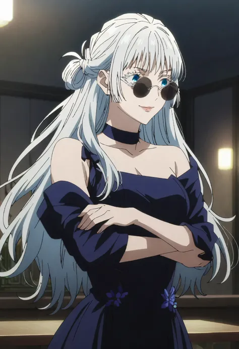 1girl, female gojo satoru, anime screencap from jujutsu kaisen, gojo satoru female version, solo, long_hair, blue eyes, ((white eyelashes)), ((white_hair)), night view, breasts, upper_body, smile, indoors, book, bangs, blue_eyes, lips, (wearing round sungl...