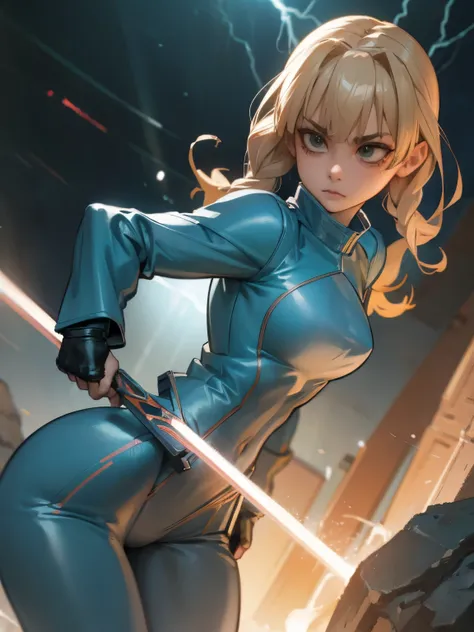 a powerful thunder ranger with a beautiful face, small breasts, wearing a tight suit, with yellow hair, wielding alien weapons, against a dramatic thunder backdrop, ultra-detailed, 8k, highly realistic, cinematic lighting, dramatic colors