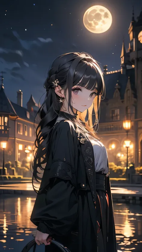 ( (8K:1.27), Highest quality, masterpiece, Ultra-high resolution:1.2) ,A dark-haired girl walking through a castle garden on a full moon night,One girl,Beautiful attention to detail, Detailed face, cute,